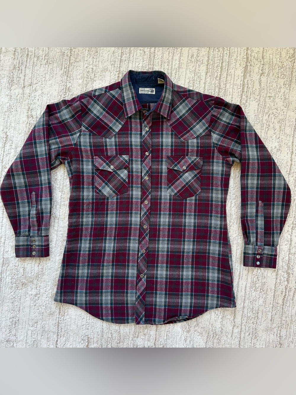 Vintage Roebucks Pearl Snap Flannel Shirt Men’s XL TALL 17-17 1/2 Plaid